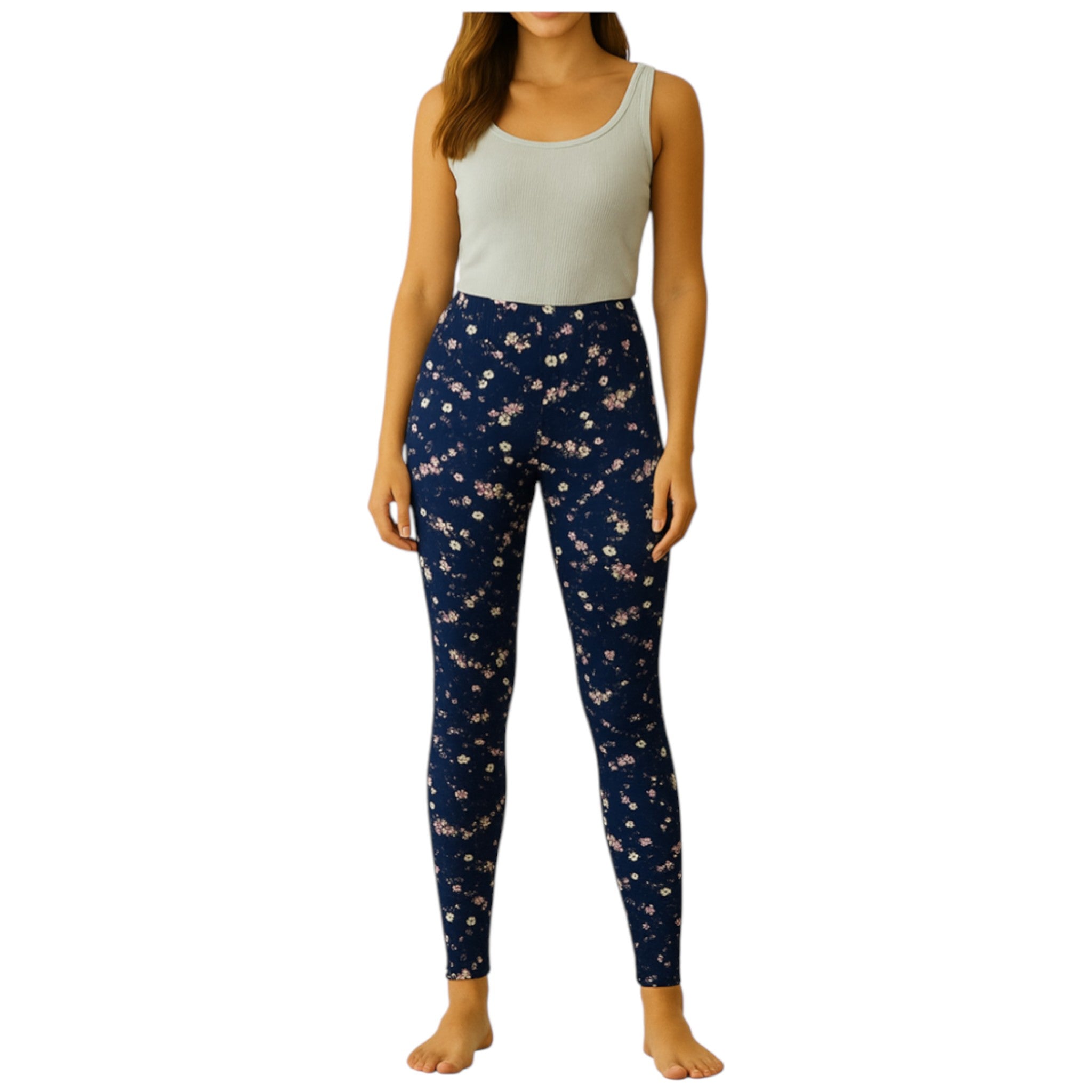 Women's full-length navy leggings with delicate pink floral print, soft stretch fabric, casual everyday wear.